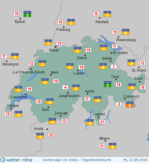 Schweiz: UV-Index-Vorhersage für Montag, den 29.04.2024